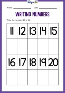 Free Printable Writing Number 11 to 20 Worksheet