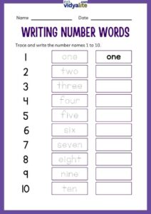 Free Printable Writing Number Word 1 to 10 Worksheet