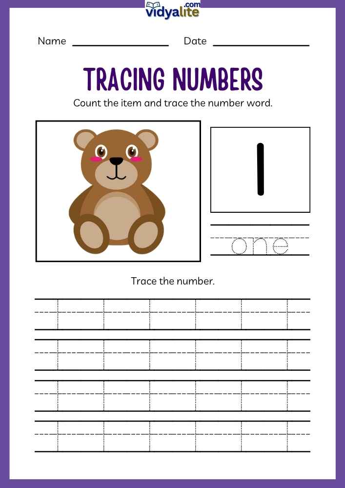 Free Printable Number 1 Tracing Worksheet for Preschool & Kindergarten